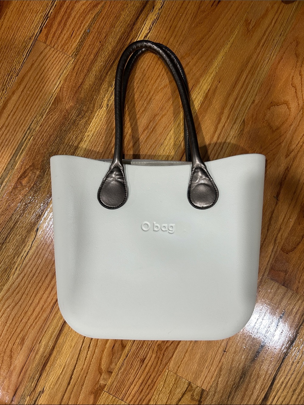 O bag White Tote with Metallic Bronze Handles